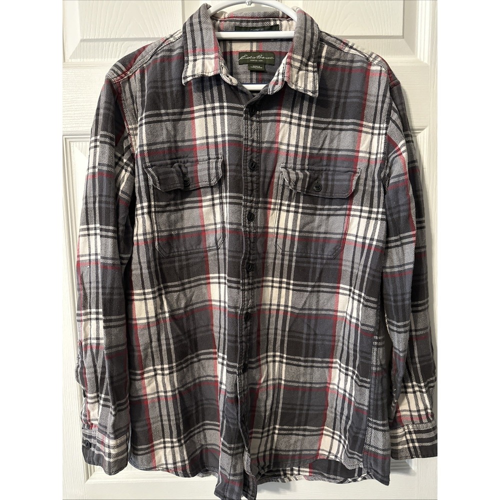 Eddie Bauer Mens Classic Fit Flannel Shirt Large Tall Gray Red Plaid